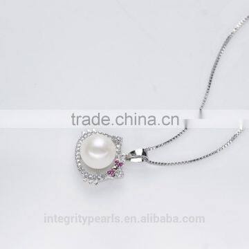 9-10mm AAA Button 925 Silver Cat Shaped Animal Print Pearl Pendant