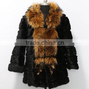 2015 rex rabbit fur coat with big racoon fur collar for women