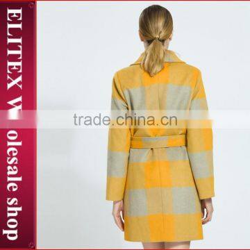 2015 HOT Newest Yellow Plaid Wool Woman Sexy Winter Overcoat With Belt photo-2