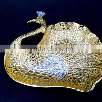 Promotional gift, New Year 2015 gift beautiful peacock shape gold and silver plated brass bowl