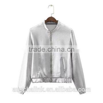 New Style Autumn Cheap Sliver Satin Plain Front Zipper Baseball Jackets photo-5