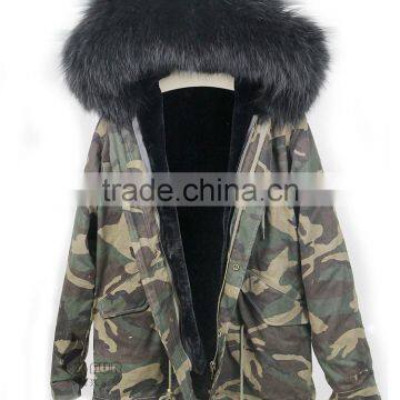 CX-G-P-10A Genuine Faux Fur Coat With Raccoon Fur Collar