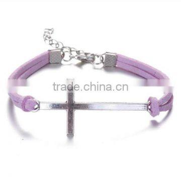 Purple suede leaher cross charm bracelets women style cross cord woven bracelets wholesale yiwu supplier