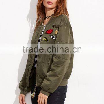 Olive Green Patch Bomber Jacket Wholesale Custom 100% Polyester Lovely Pins Ribbed Trim Satin Winter Jacket photo-3