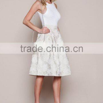 MGOO New Arrival 2016 Beige Pleated Midi Skirt For Ladies High Waist Vintage Floral Embroidery Skirts photo-2