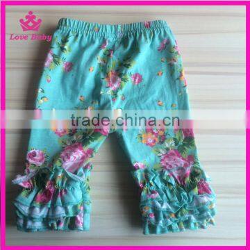 Stylish Floral Patterns Kids Knitting Cotton Triple Ruffle Knitting Cotton Children's Icing Capri Pants