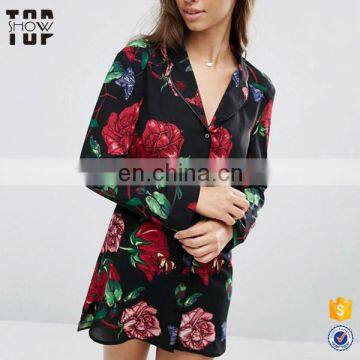 New 2017 graffiti floral crepe wholesale pajamas night shirts for ladies night wear