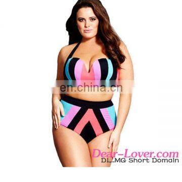 Wholesale Plus Size Women Strapped Color Splice Two Piece Swimwear