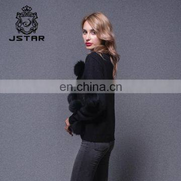 Woman Black Custom Pullover Sweater With a Lot Fox Fur Ball photo-4