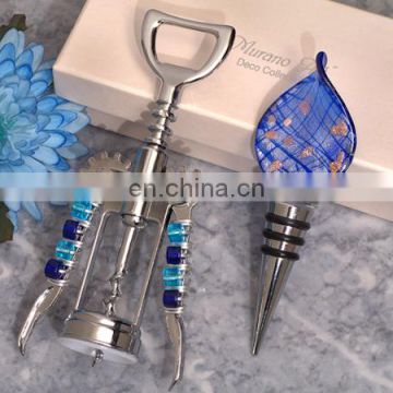 Murano Teardrop Blue and Gold Bottle Stopper and Opener Set