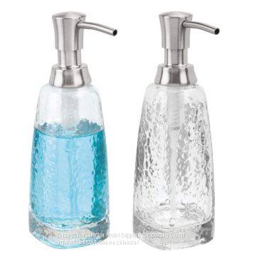 Modern Glass Refillable Liquid Soap Dispenser Pump Bottle for Bathroom Vanity Countertop, Kitchen Sink - Holds Hand Soap, Dish Soap, Hand Sanitizer & Essential Oils - 2 Pack - Clear/Brushed