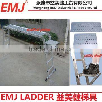 Multi-Purpose ladder with utility shelf and scaffold plates