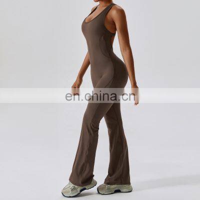 Oem Hollow Out Fitness One Piece Backless Jumpsuits Women Gym Rompers Flared Leggings photo-4