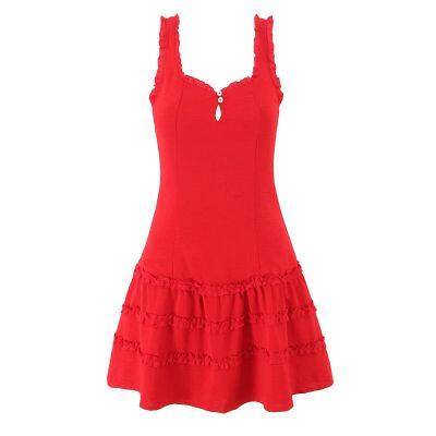 INS moda femenina famosa en Internet con sentido de dise?o, vestido sin mangas con toque francés rojo y estilo 