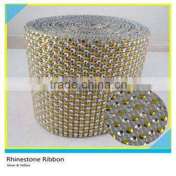 24 Rows 10 Yards Yellow Rhinestone Silver Plastic Base Trimming Mesh