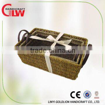 3 pcs set seagrass storage baskets with leather handle, kitchen vegetable storage baskets,vintage storage baskets