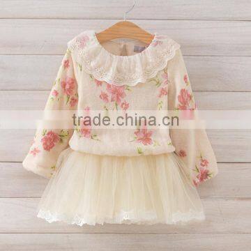 Spring Children Clothings Kids Knitting Dress Girl Lace Flowers Dress Gauze Dress