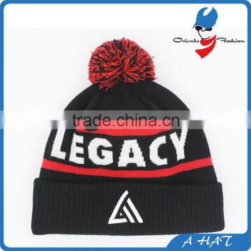 custom jacquard embroidery knit beanie with pom