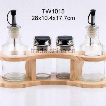 4pcs glass oil vinegar salt pepper set with wooden rack (TW1014)