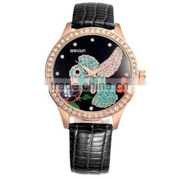 2016 luxury style genuine leather band diamond clock woman