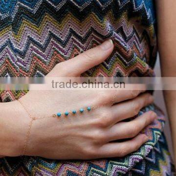 Celebrity Boho Turquoise bead Hand Harness Bracelet Slave Chain Link Finger Ring