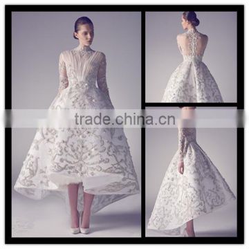 (MY0902) MARRY YOU High Neck Long Sleeves Pleated Bodice Embroidery Tea Length Wedding Dress