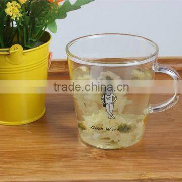 Coffee,Tea,Milk,Beverage Drinking Clear Cute Pattern Heat Resistant Pyrex Glass Tea Cup With Handle