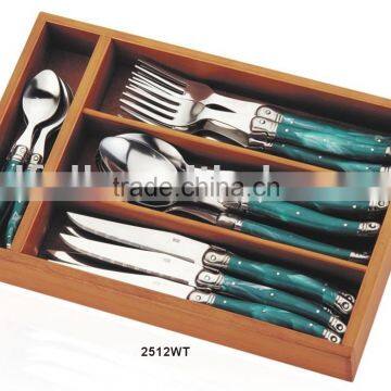 "Laguiole" 24pcs Flatware set in wooden tray with PET lid