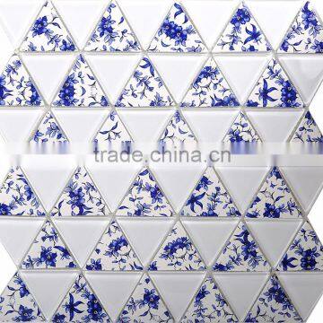 2016 New triangle Painting Blue Flower Glass Mosaic Tile