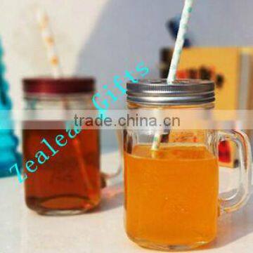 14oz or 16oz mason jar mug with handles and straws