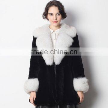 Genuine Black Rex Rabbit Fur Jacket with Fox Fur Collar and Cuff with Cheap Price