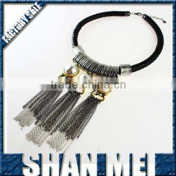 Fashion 2014 leather rope chain tassel pearl necklace