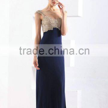 Sexy Elegant High Tall Beaded Cap Sleeve Navy Blue Long Evening Dress China photo-2