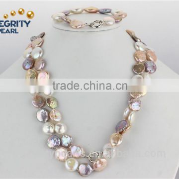 12-13mm AA coin pearl set mixed color bracelet and necklace pearl set