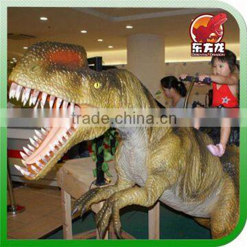 Amused animatronic riding dinosaur toys in restaurant