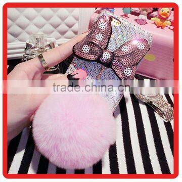 Diamonds bowknot Rabbit tail Hair Fur Ball Bling Rhinestone Glitter Plastic hard PC phone case for iphone 6 6s plus