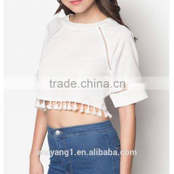 Raglan Sleeve Crop Top With Tassel Hem Women Short Sleeves Shirt