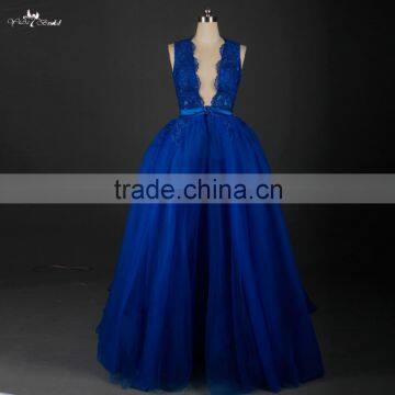 RSE642 Sexy See-Through Lace Royal Blue Elegant Long Mermaid Evening Dress With A Removable Detachable Train