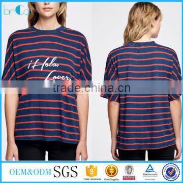 Wholesale ladies tops navy and red stripe short sleeve round neck t shirt summer