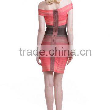 2015 New Arrival Slash Sleeve Pink/Green Gradient Bandage Dress Brand Hot Cocktail Party Slim Dress photo-2