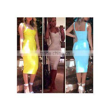 Yellow White Sky Blue 2015 New Fashion Knitted HL Knee Length Spaghetti Strap Package Hip Sexy Fashion Bodycon Dresses