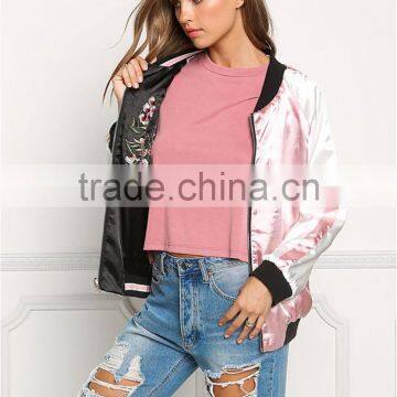 MGOO 2017 Produced Reversible Satin Jackets Custom Embroidery Back Bomber Jackets Raglan Sleeves Pink photo-3