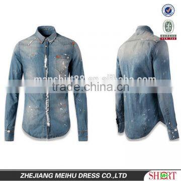 2016 European Style splash ink men denim casual shirt