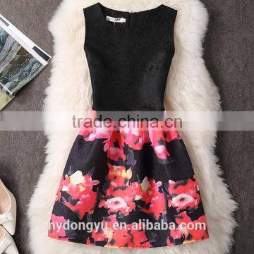 balck polyester sleeveless rosy printed A line dress/sym rose multi design sleeveless A line dress casual dress