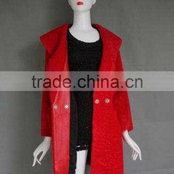 2016 Factory Direct Wholesale Fashion Lady's Bright Red Lamb Shearing Fur Jacket Long Warm Real Cashmere Parka photo-6