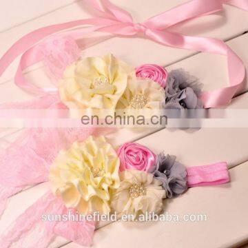 2pcs Set Pink sash Baby Girl Sash and Matching Headband Photography Props wedding Sashes