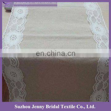 TR004B1 fancy white embroidered lace edge burlap table runner