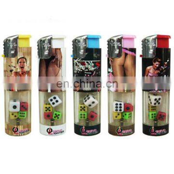 Plastic advertisement lighter with Mahjong dice toy inside lighter