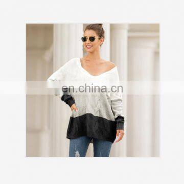 Girls stylish Deep V neck drop shoulder colors computer knitted women loose fit pullover sweater