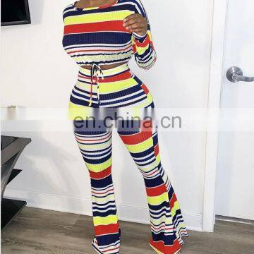 Casual Plus Size Women Outfits Lounge Wear Crop Top Striped Pants Two Piece Set photo-3